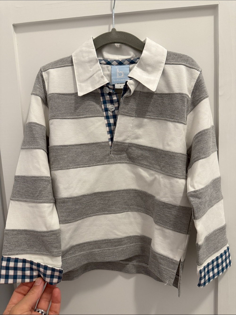 bella bliss Gray & White Striped Button-Down Rugby Shirt with Gingham Trim